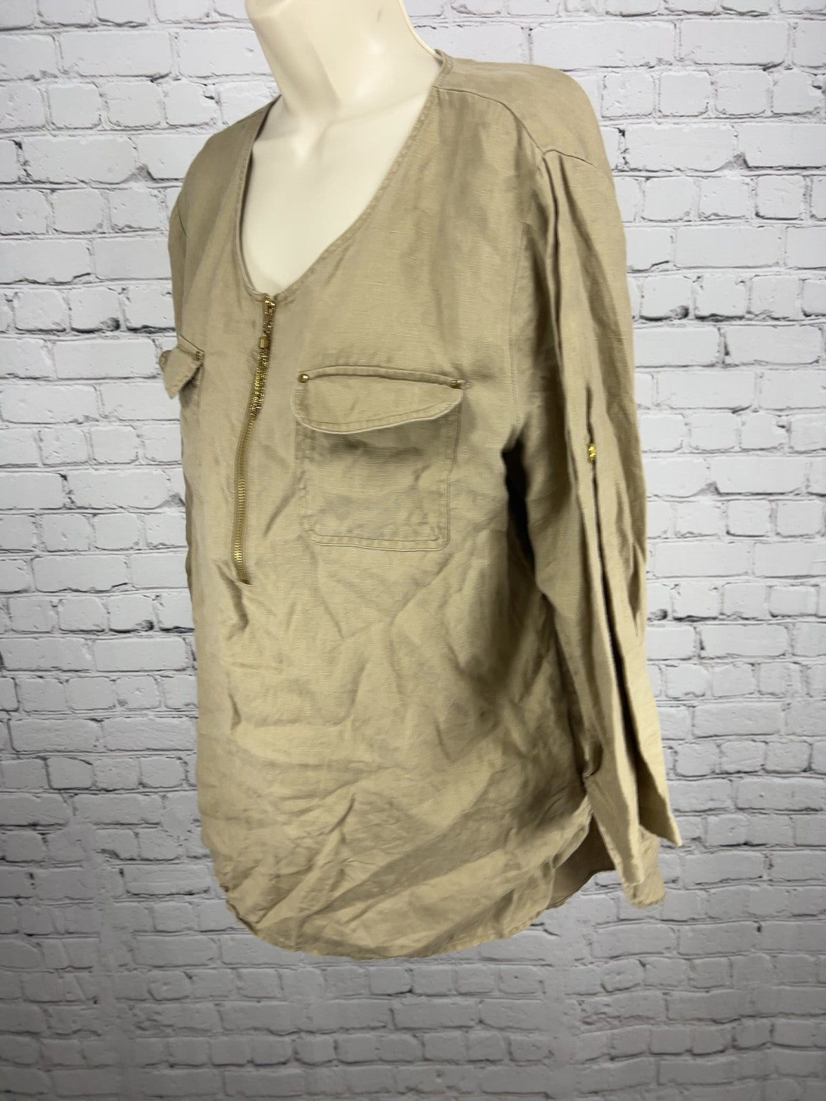 Company Ellen Tracy Flax 100% Linen Half Zip Pocket 3/4 Sleeve Tunic Top L