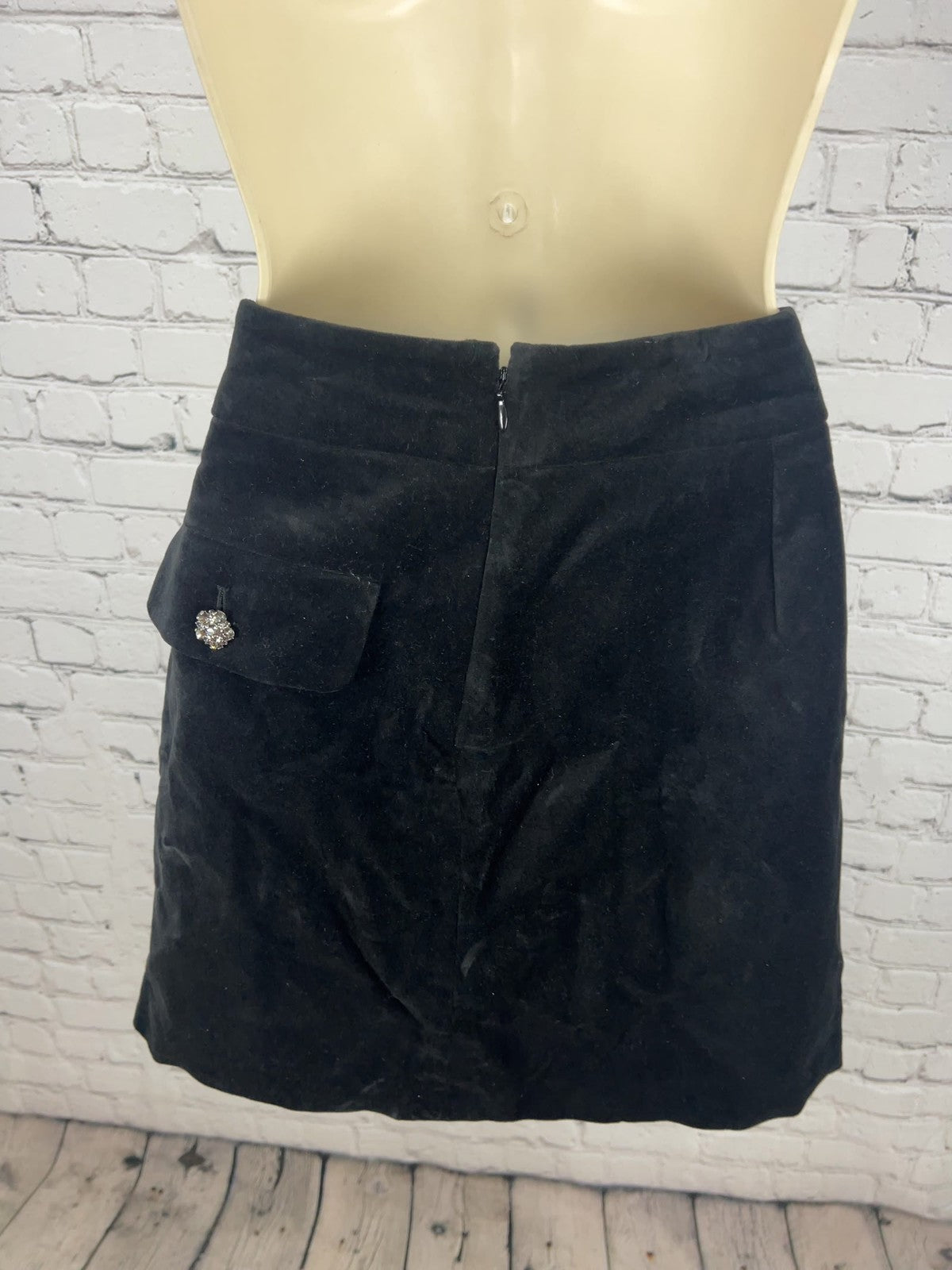 NWD LOFT Black Velvet Flap Pocket Rhinestone Button Lined Mini Skirt 4