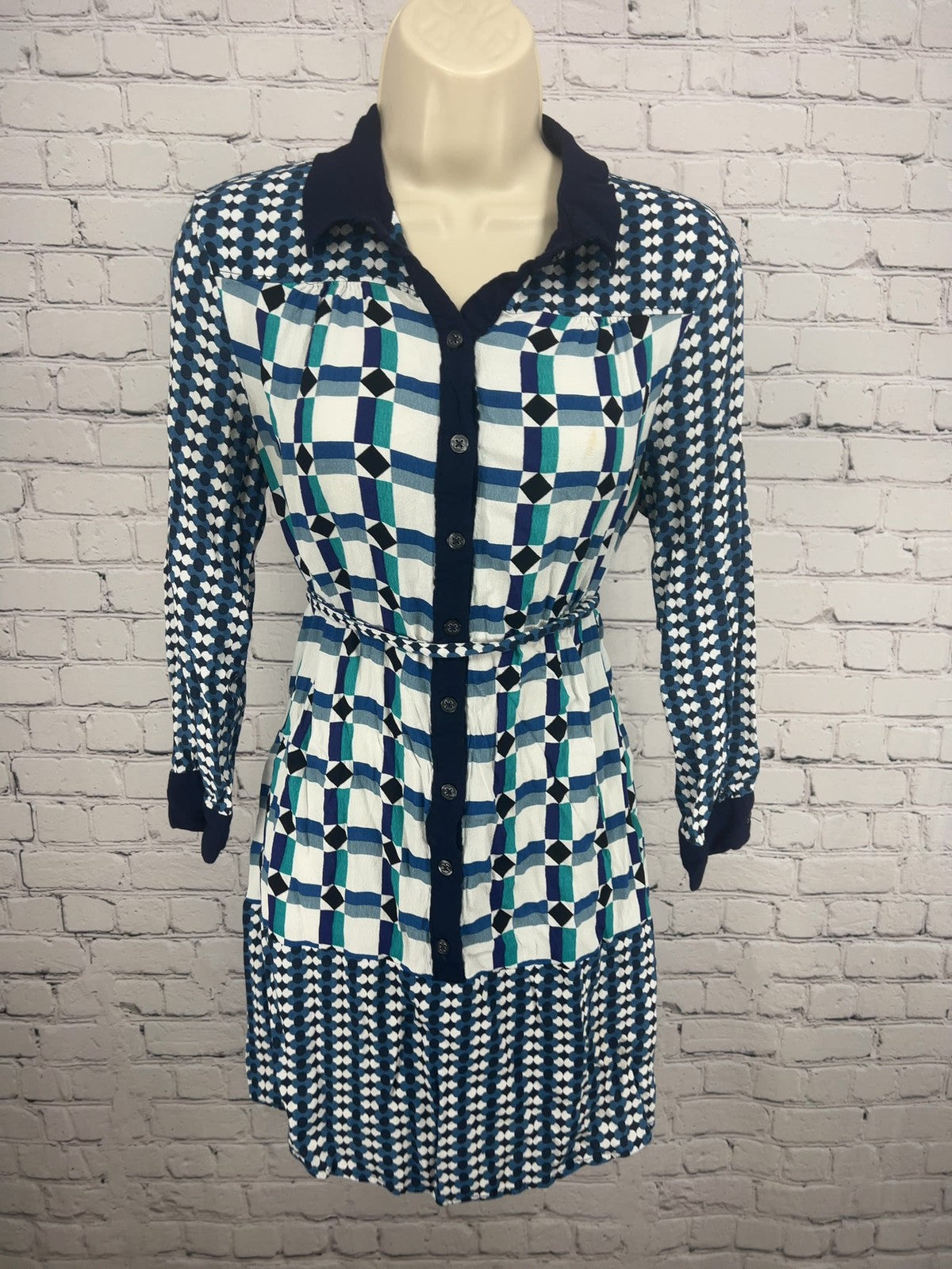 Maeve Anthropologie Blue White Geometric Print Belted Mini Shirt Dress 6
