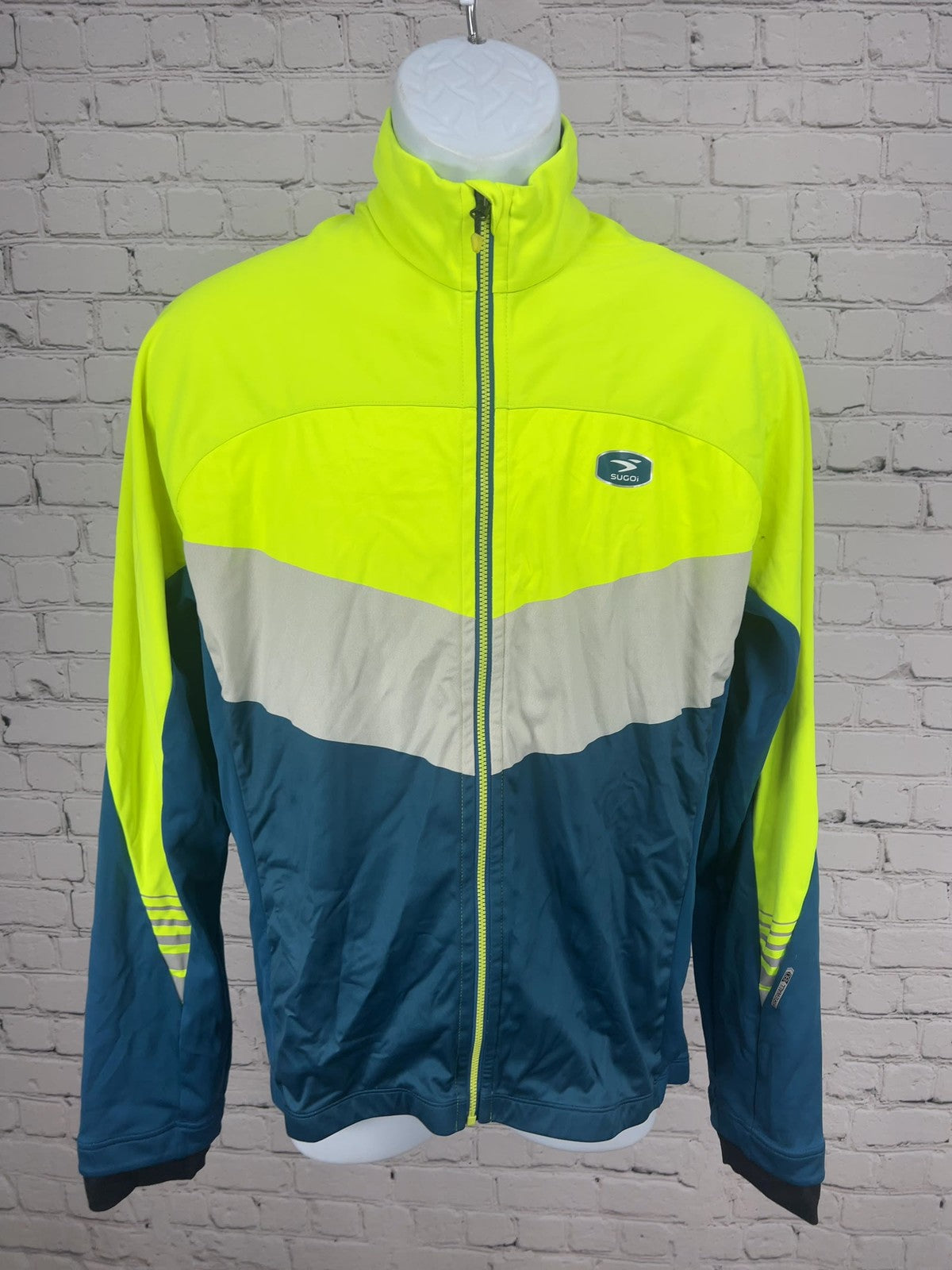 Sugoi RS 180 Neon Yellow Teal Reflective Full Zip Men's Cycling Jacket L