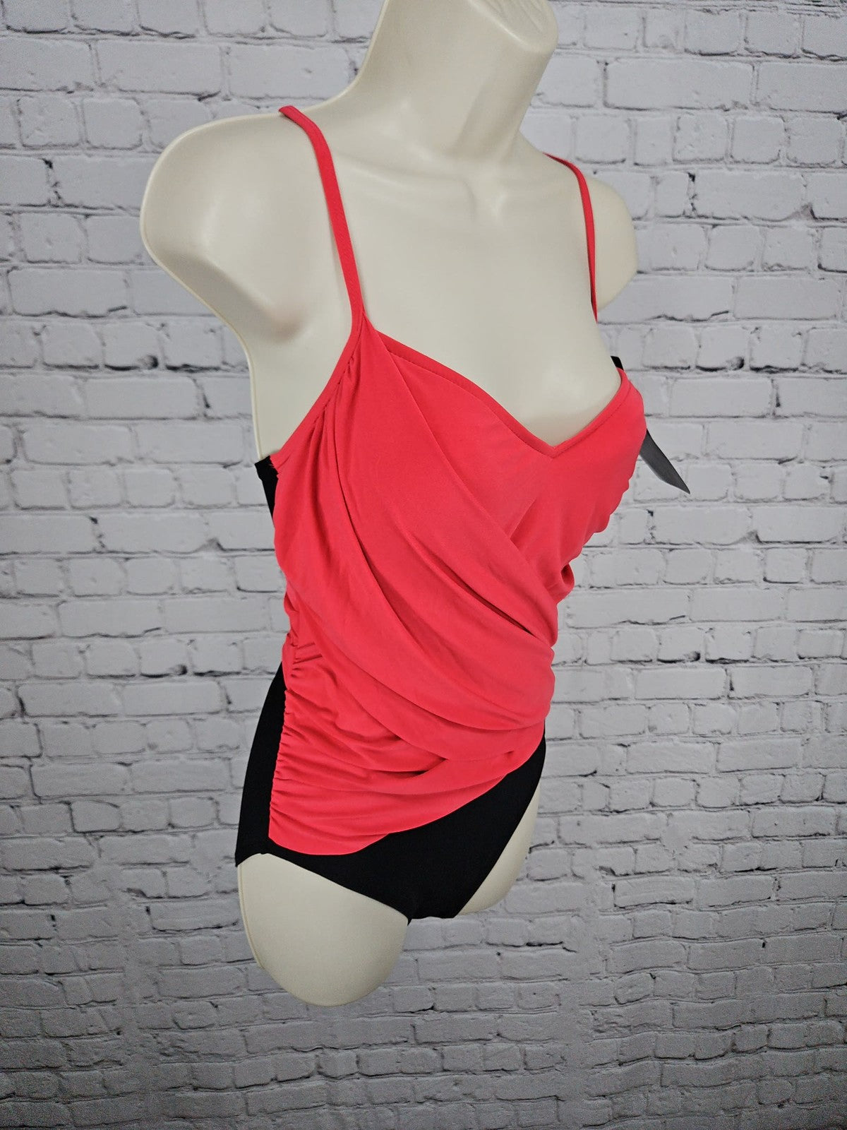 NWT Aqua Green Coral Red Black Draped Wrap One Piece Swimsuit Medium