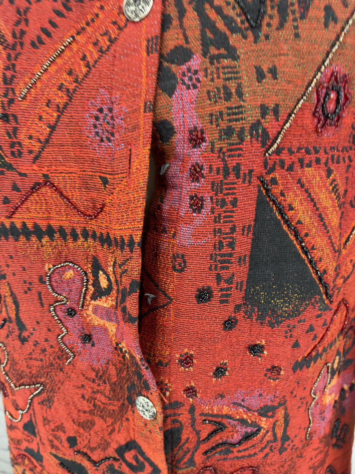 VTG Chico's Red Abstract Tapestry Beaded Button Front Shirt Jacket Size 1 (US S)