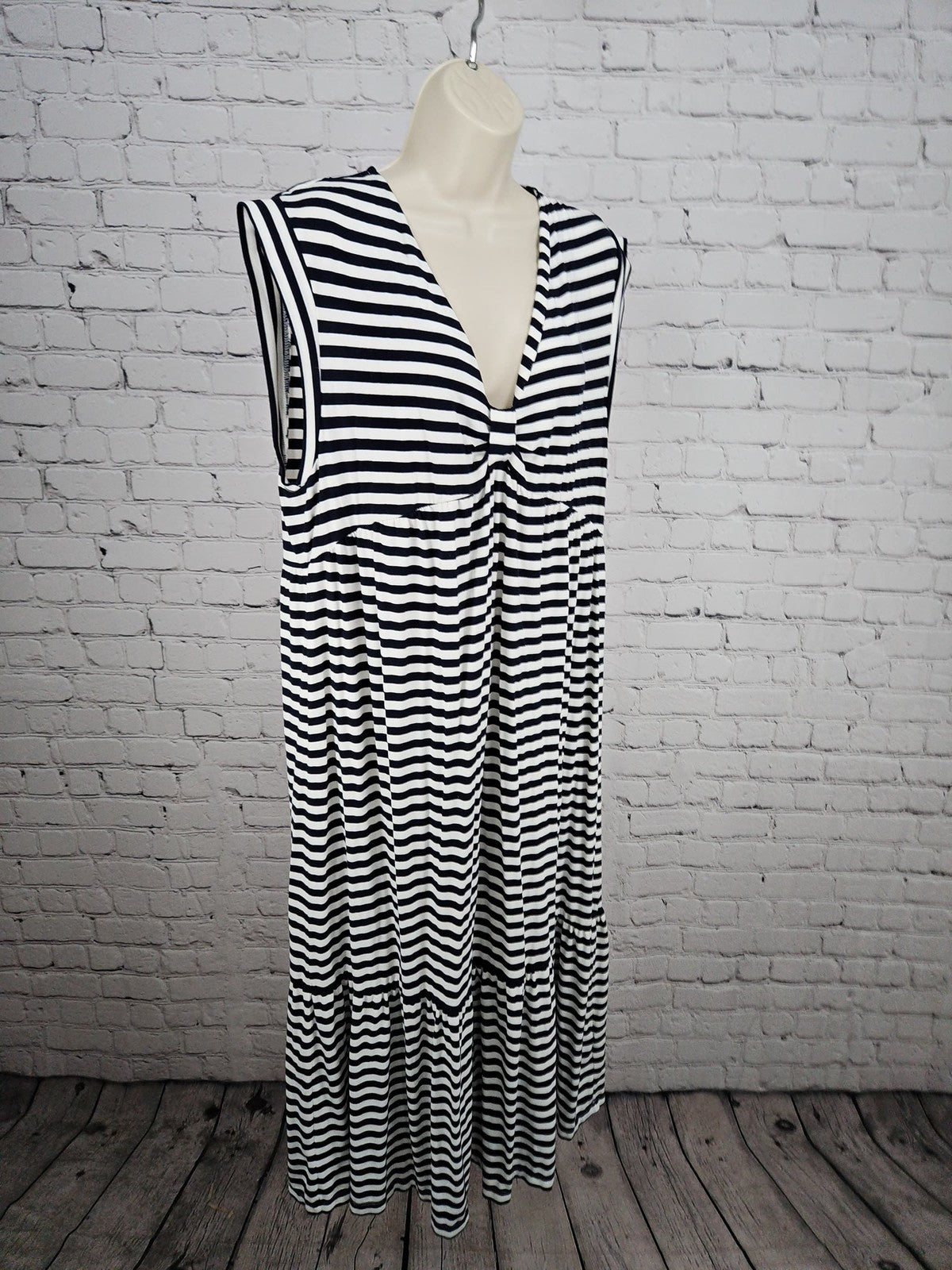 Tommy Hilfiger Navy White Striped V Neck Tiered Maxi Dress Women's XL