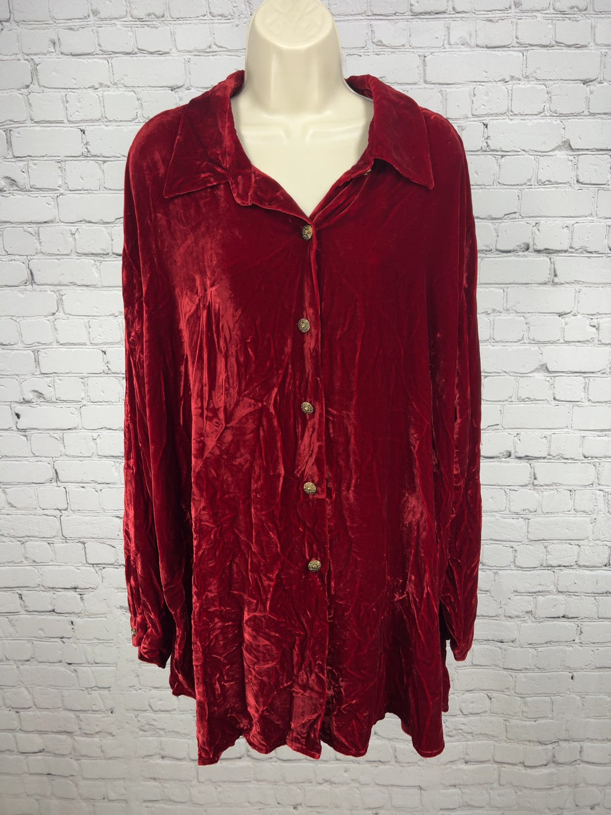 VTG Coldwater Creek Red Silk Blend Crushed Velvet Button Front Tunic Top 2X