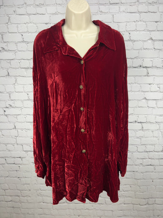 VTG Coldwater Creek Red Silk Blend Crushed Velvet Button Front Tunic Top 2X