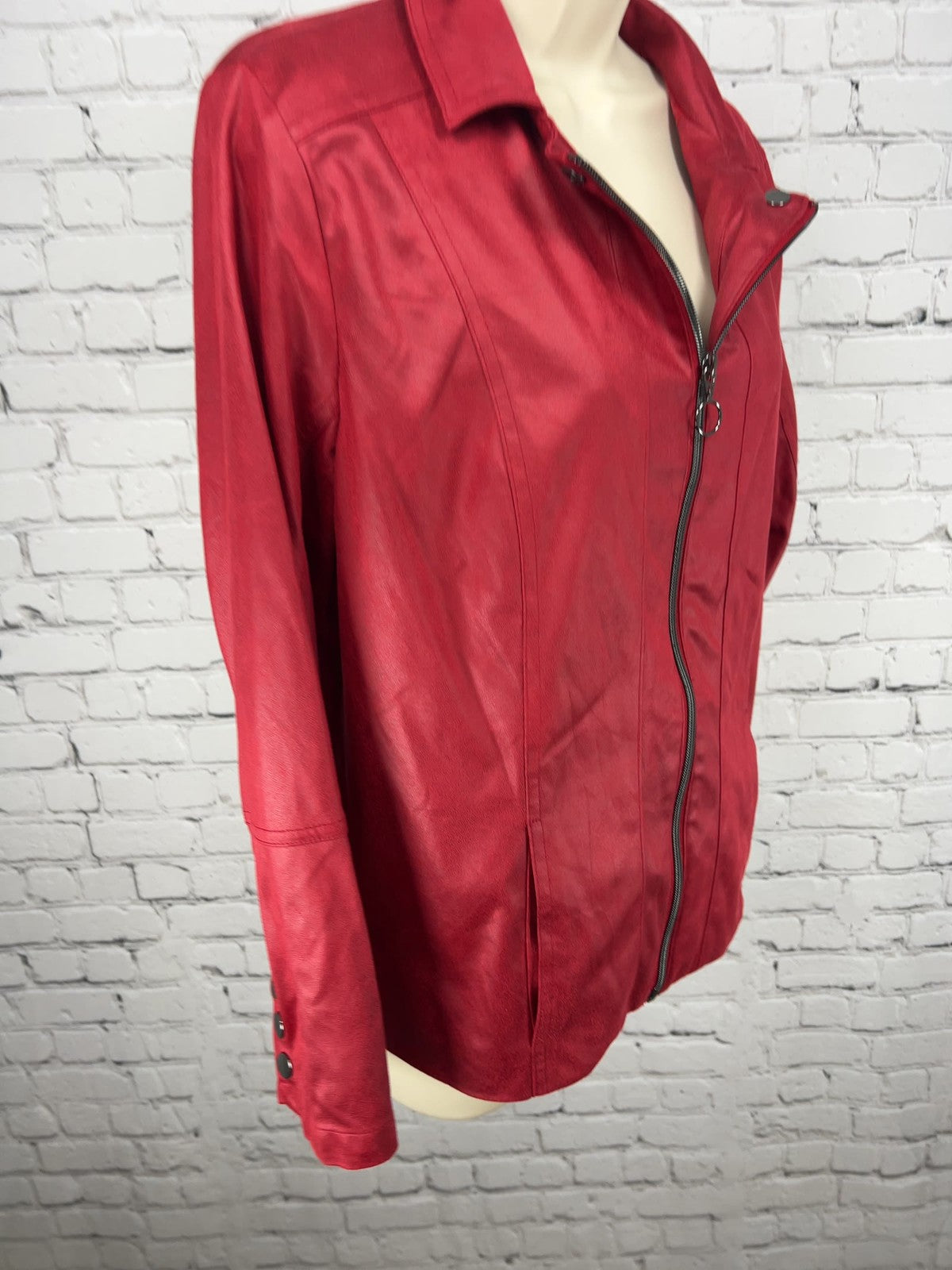Allison Daley Red Faux Leather Full Zip Snap Collar Lined Jacket S