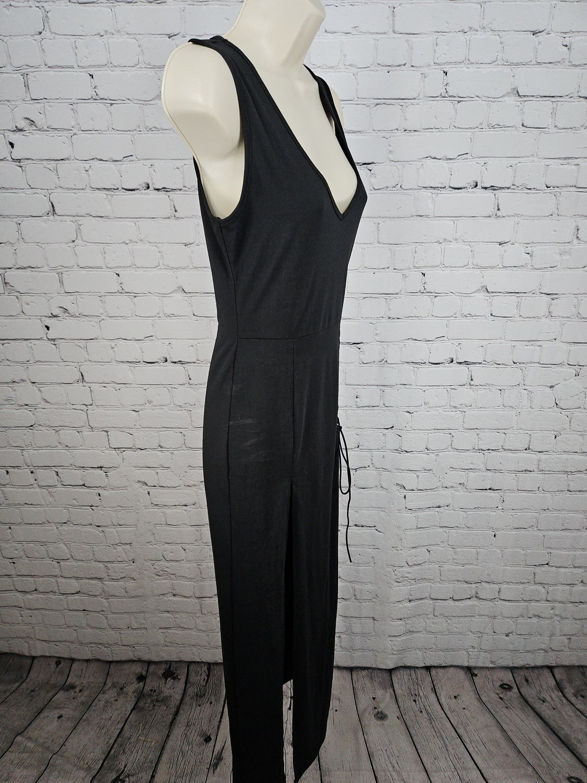 NWD GothDark Black Lace Up Plunge V Neck Sleeveless Slit Maxi Dress Women's S