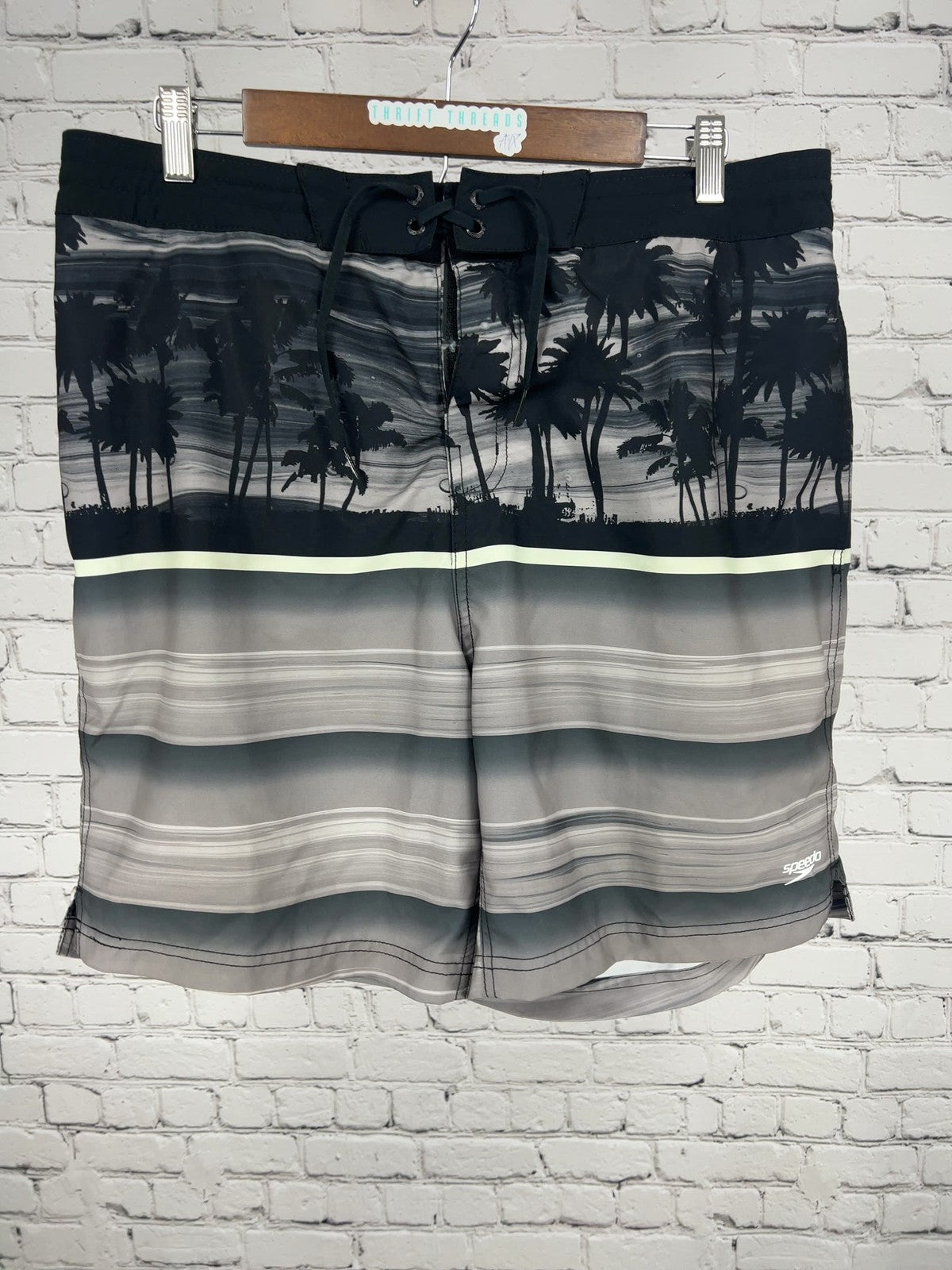Speedo Black Gray Palm Tree Striped Lined Swim Trunks Board Shorts XL
