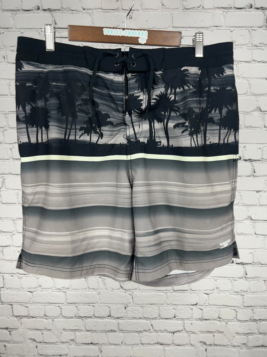Speedo Black Gray Palm Tree Striped Lined Swim Trunks Board Shorts XL