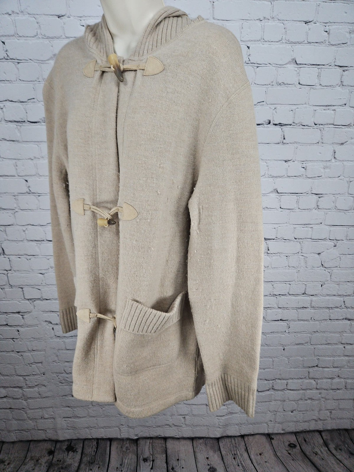 VTG Jones New York Sport Beige 100% Wool Hooded Toggle Cardigan Women's L