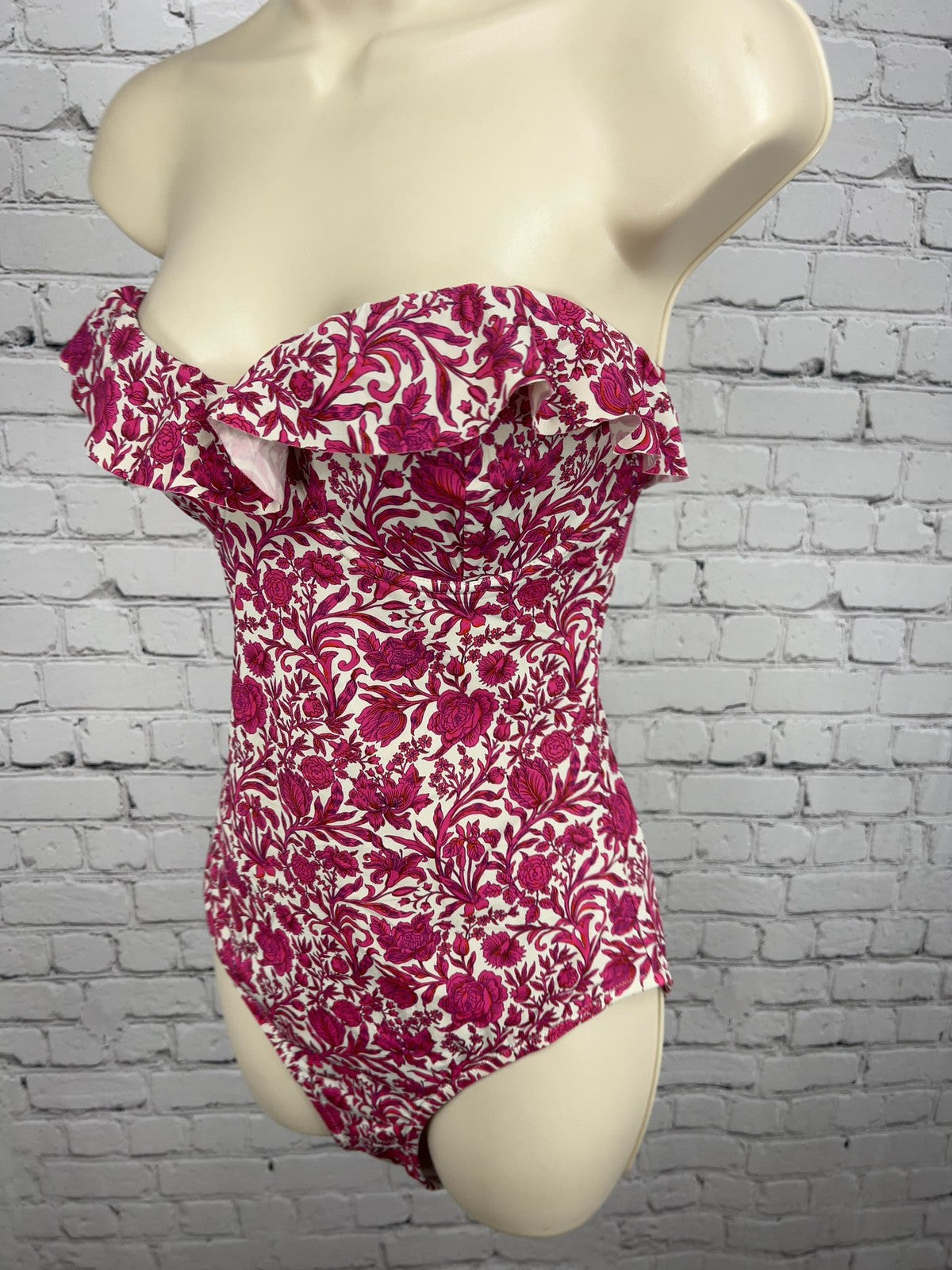 J.Crew Pink Floral Ruffle Strapless Underwire One Piece Swimsuit 10