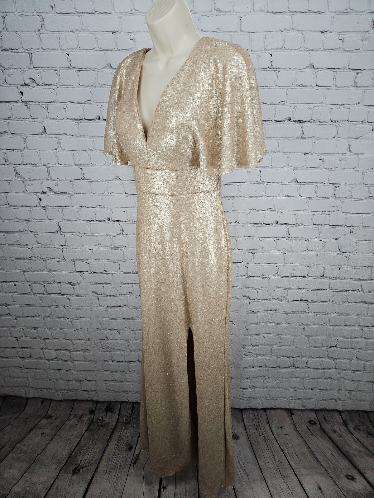 Christina Wu Celebration Rose Matte Sequin Flutter Sleeve V Neck Maxi Dress 6