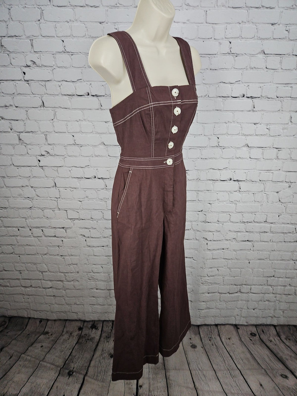 Maeve Anthropologie Colette Brown Contrast Stitch Wide Leg Jumpsuit 0