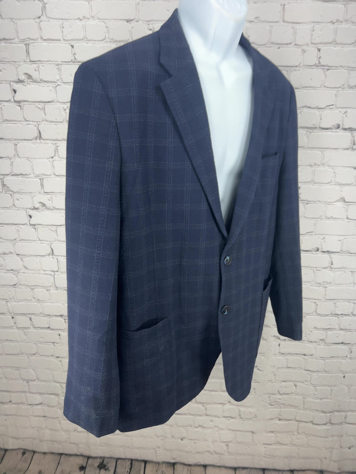 Awearness Kenneth Cole Navy Plaid Seersucker 2 Button Blazer Sport Coat XL