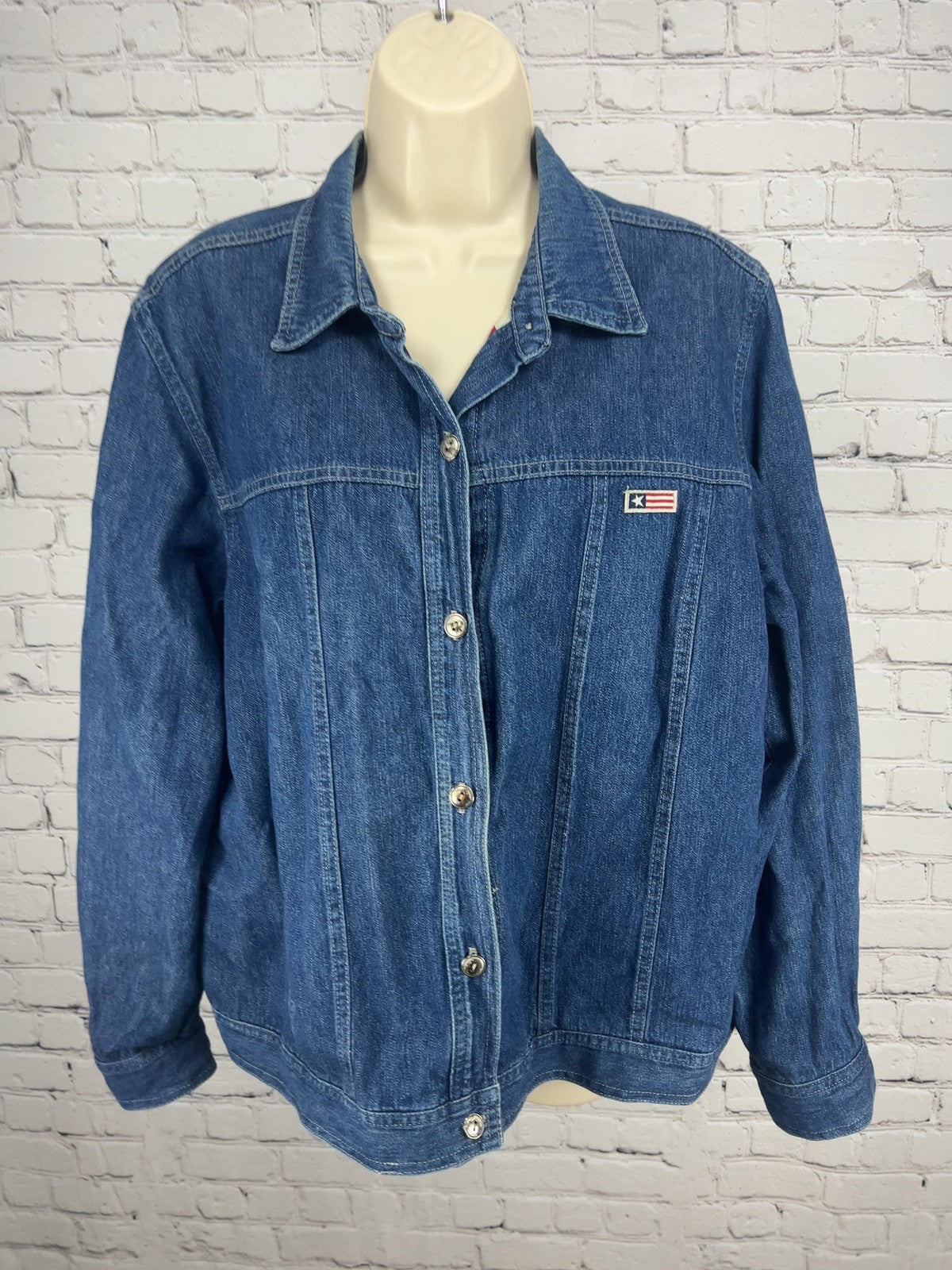 VTG Coldwater Creek Americana Flag Lined Denim Jean Jacket USA Women's XL