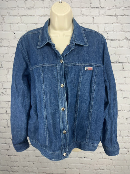 VTG Coldwater Creek Americana Flag Lined Denim Jean Jacket USA Women's XL