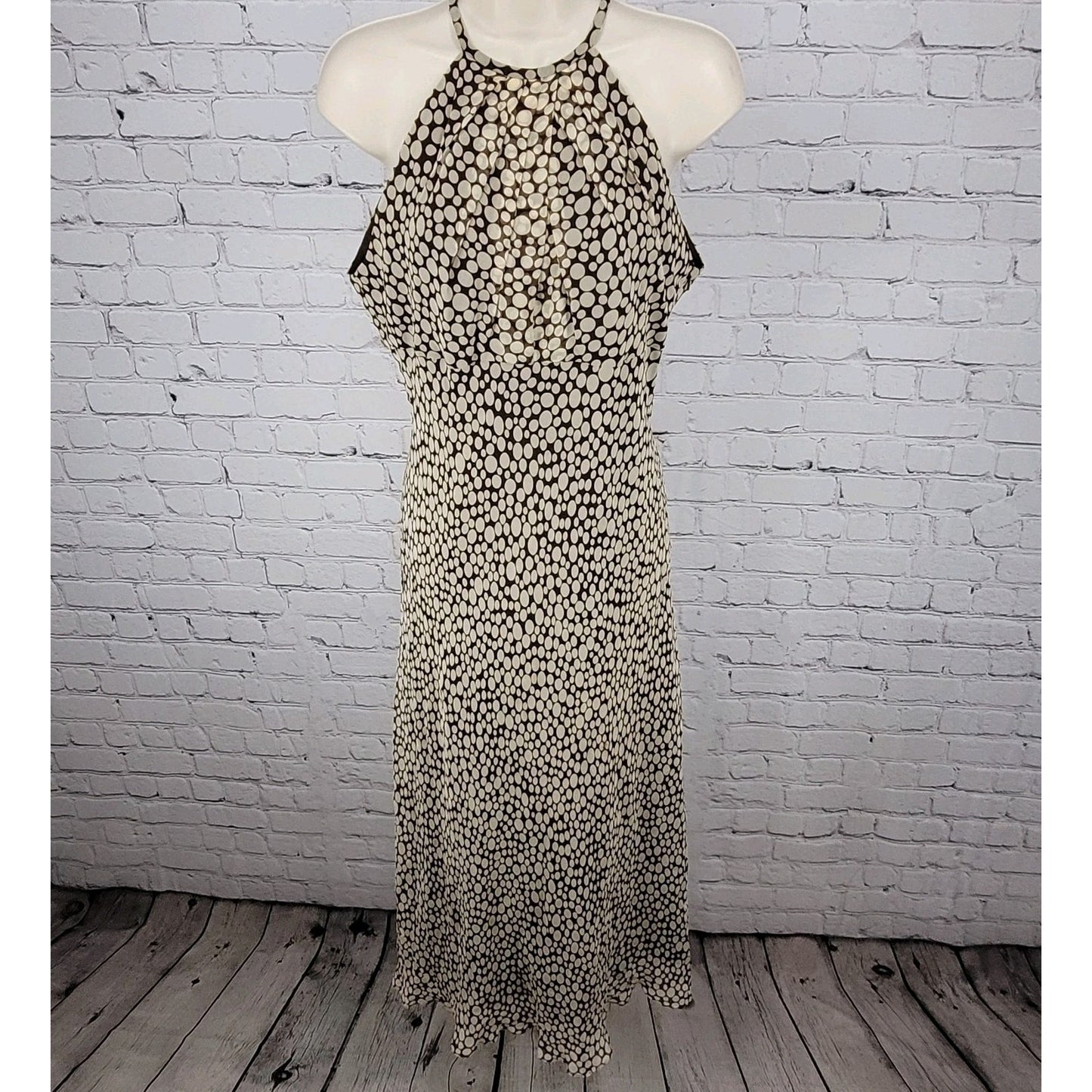 Maggy London Brown 100% Silk Chiffon Halter Neck Pleated Lined Dress Size 6