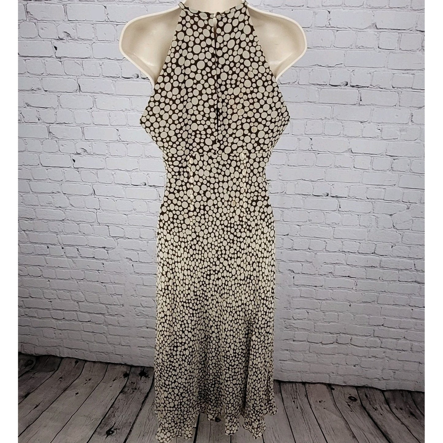 Maggy London Brown 100% Silk Chiffon Halter Neck Pleated Lined Dress Size 6
