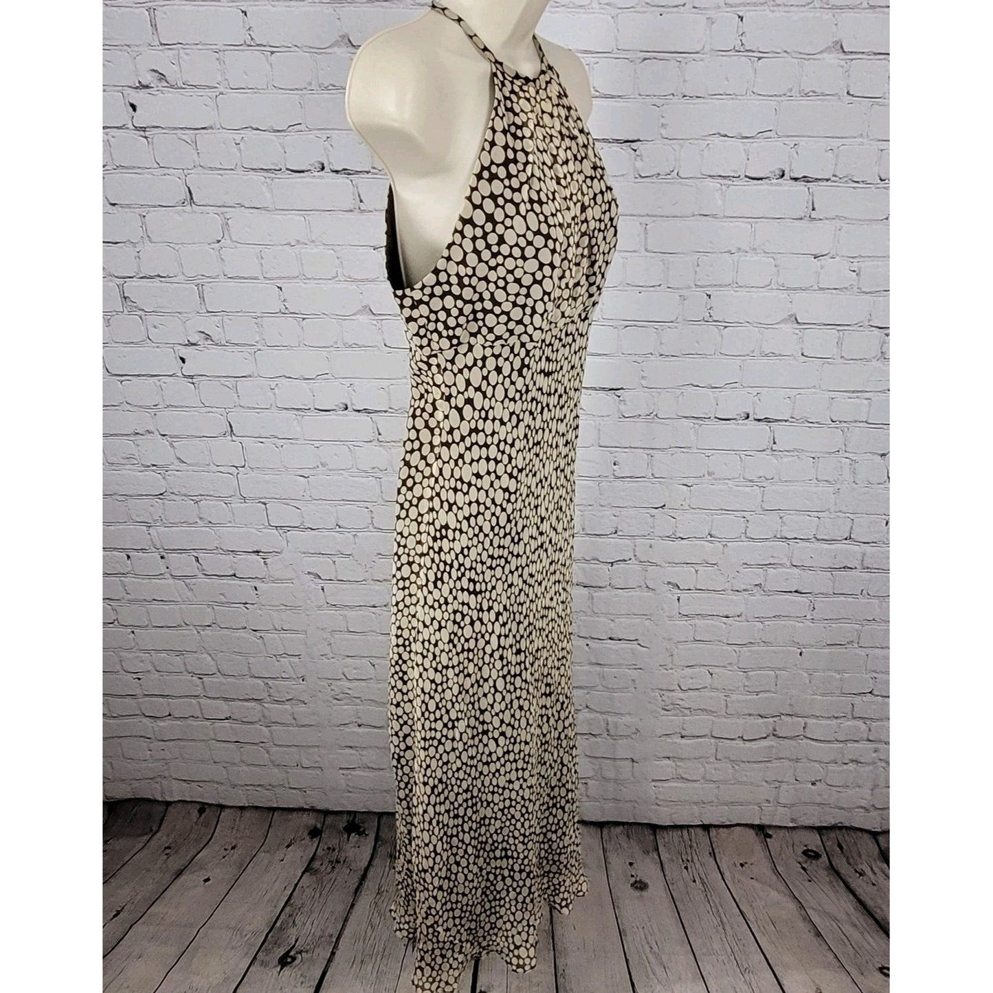 Maggy London Brown 100% Silk Chiffon Halter Neck Pleated Lined Dress Size 6