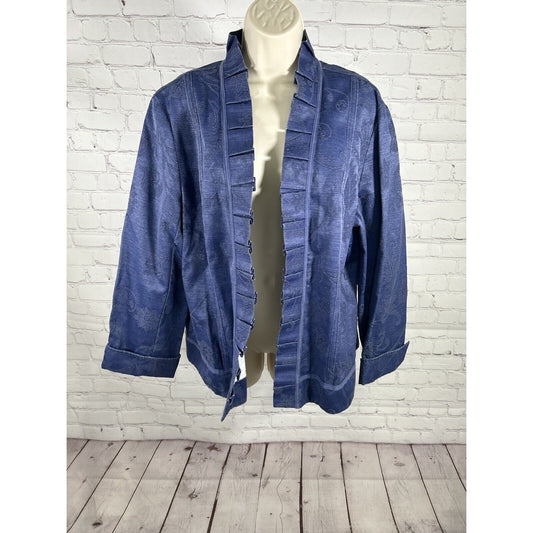 Chico's Open Front Blazer Jacket Blue Cotton Blend Floral Ruffle Women’s Size S