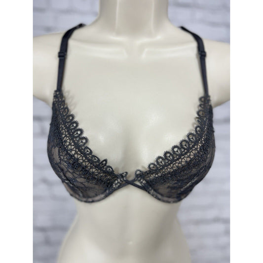 Victoria’s Secret Very Sexy Gray Lace Unlined Plunge Nude Blackless Bra 32D