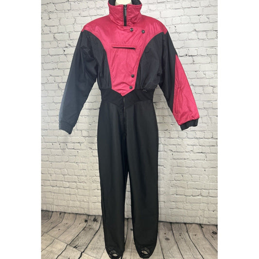 VTG Ossi Skiwear Black Pink Zip Up Button Wool Blend Skisuit Womens Size 14