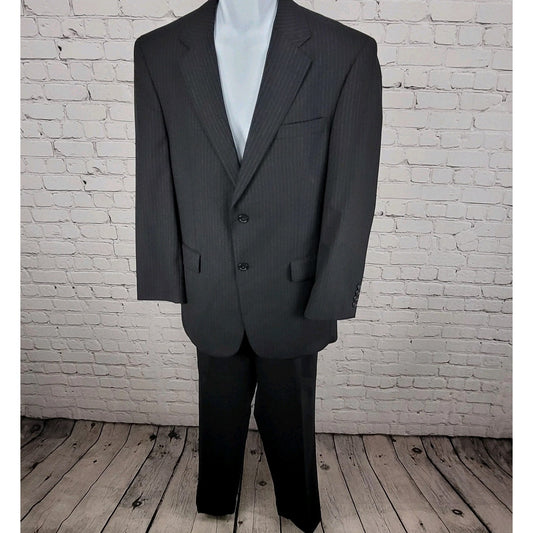 Jos A Bank Black 100% Wool Pinstriped Full Suit Set Blazer Size 40R Pants 32x31