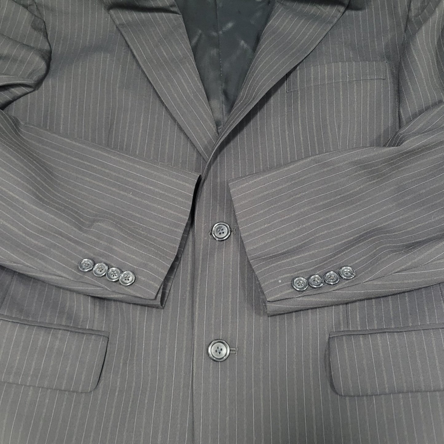 Jos A Bank Black 100% Wool Pinstriped Full Suit Set Blazer Size 40R Pants 32x31