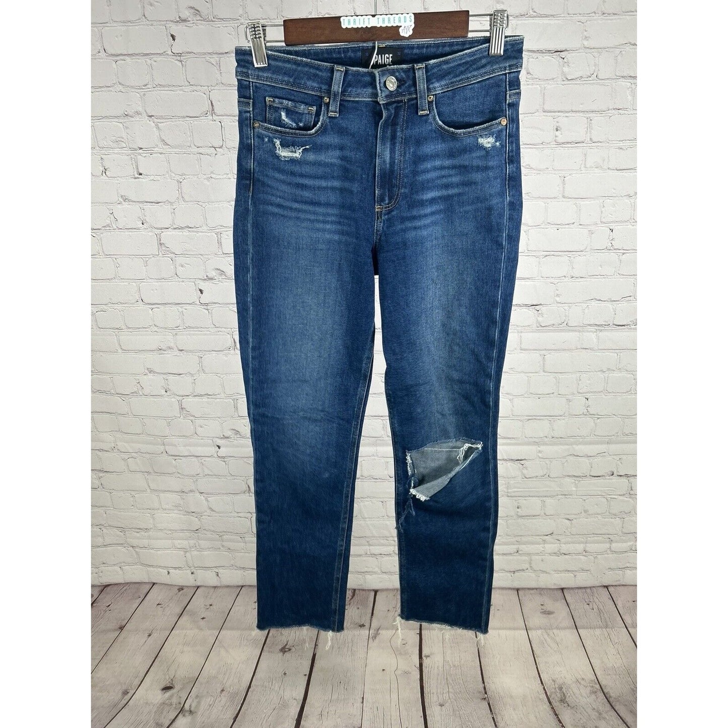 Paige Women’s Hoxton Slim Distressed Blue Cropped Raw Hem Jeans (27 x 27)