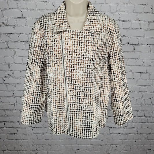 Chico's Brown Metallic Houndstooth Lightweight Full Zip Moto Jacket Size 3 US 16