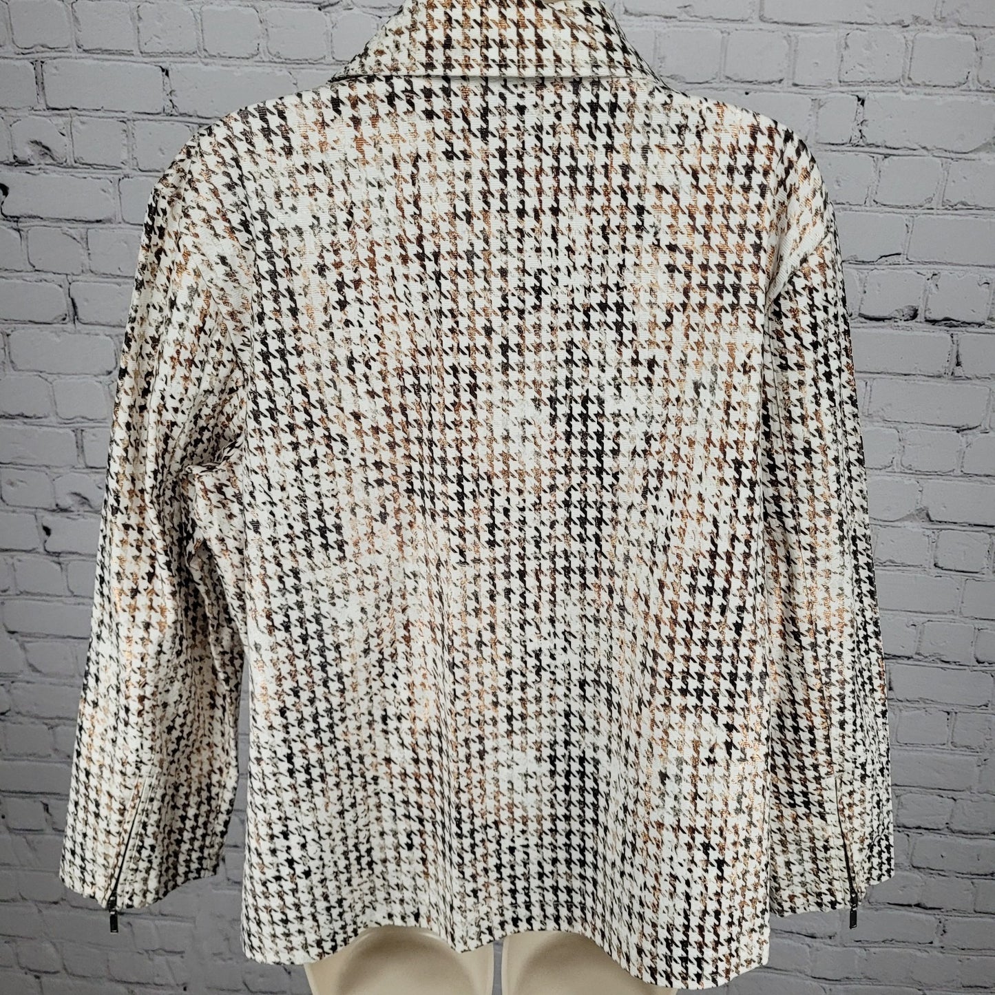 Chico's Brown Metallic Houndstooth Lightweight Full Zip Moto Jacket Size 3 US 16