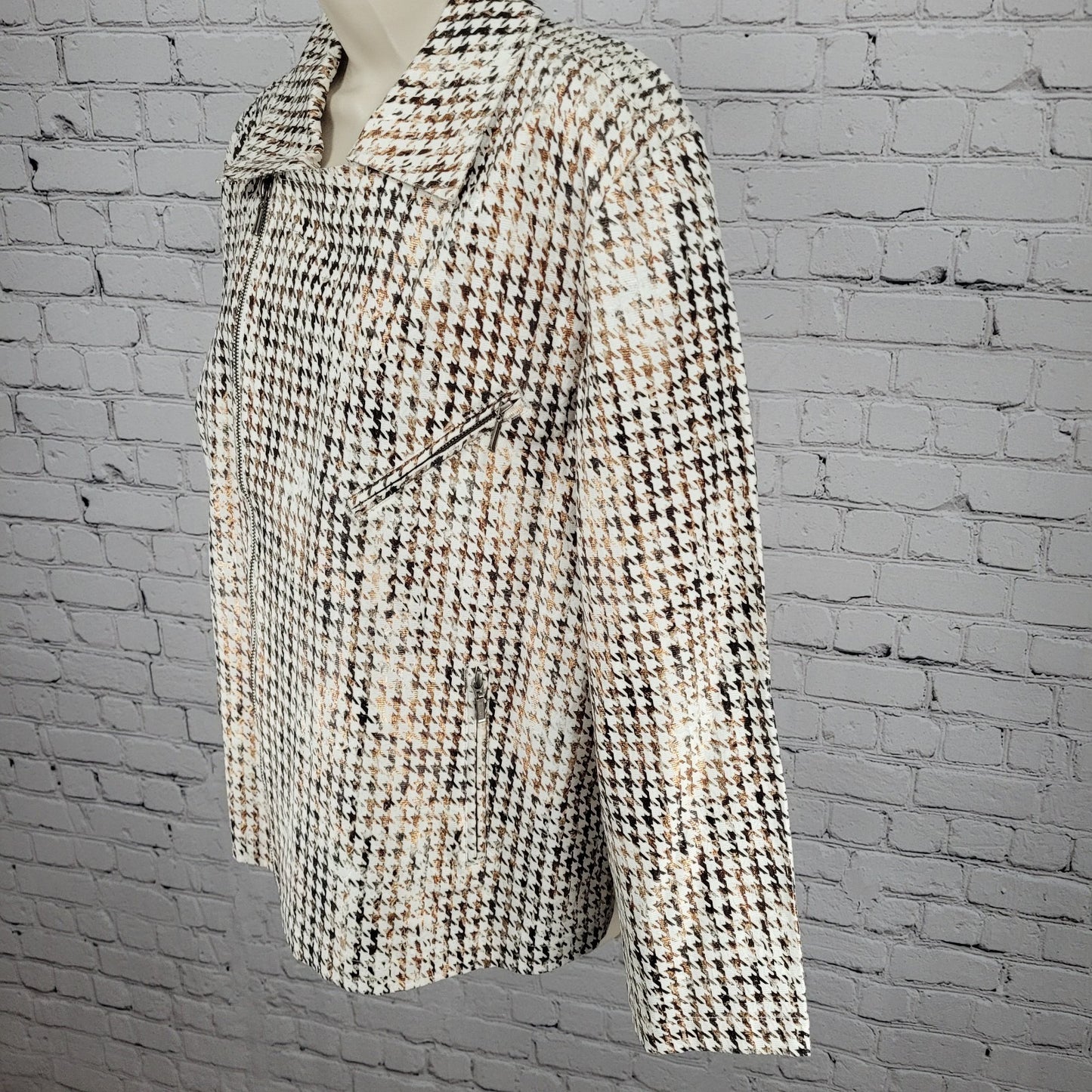 Chico's Brown Metallic Houndstooth Lightweight Full Zip Moto Jacket Size 3 US 16
