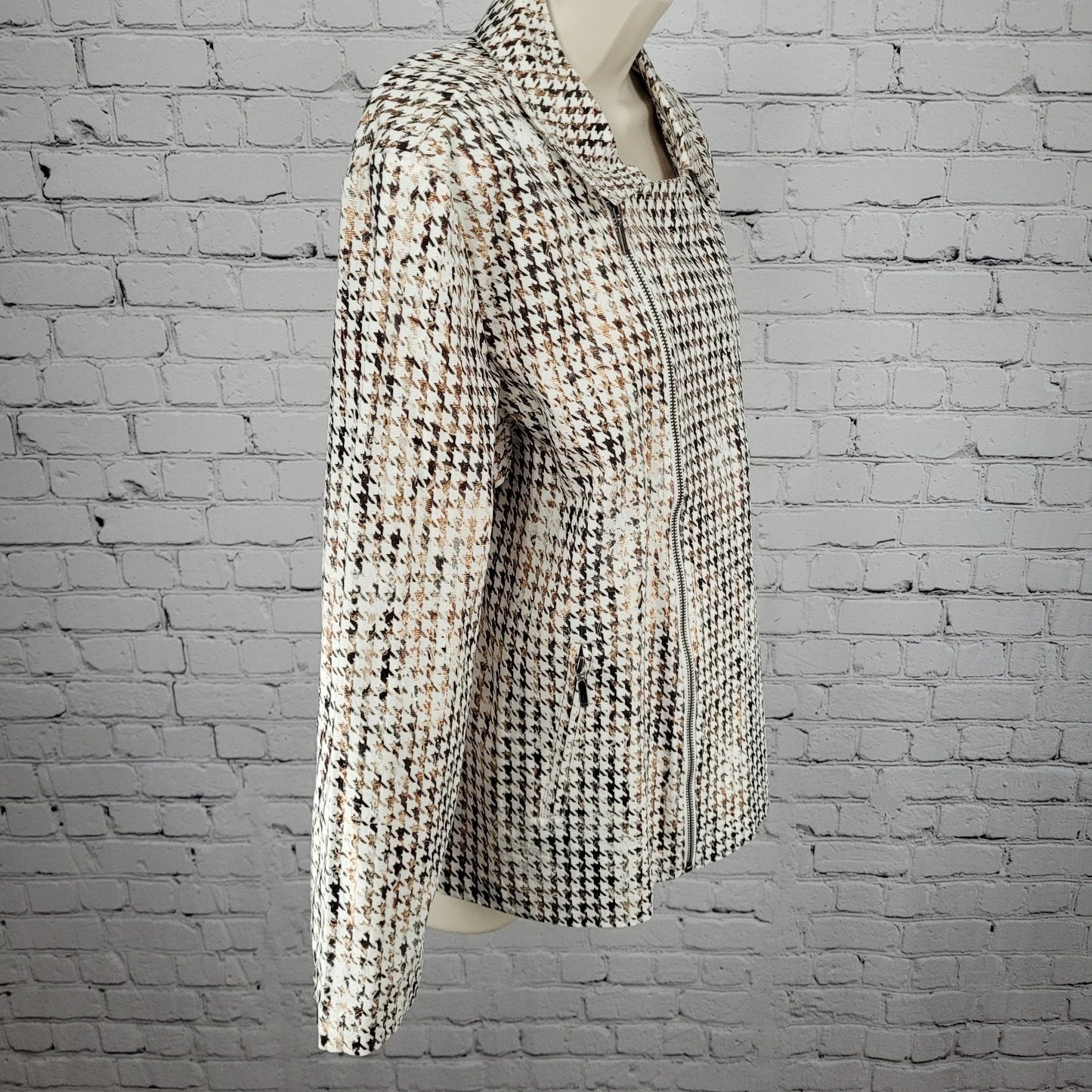 Chico's Brown Metallic Houndstooth Lightweight Full Zip Moto Jacket Size 3 US 16