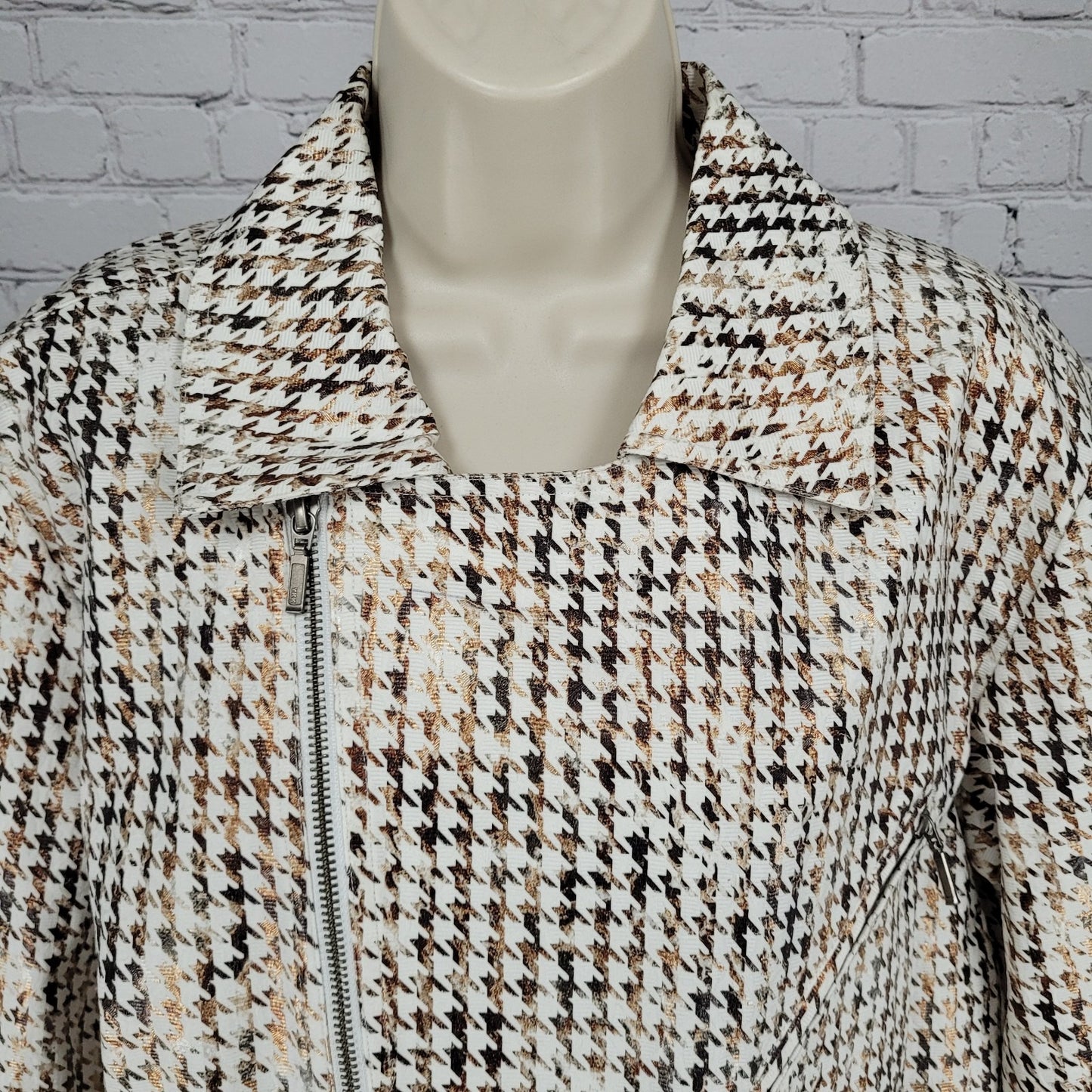Chico's Brown Metallic Houndstooth Lightweight Full Zip Moto Jacket Size 3 US 16