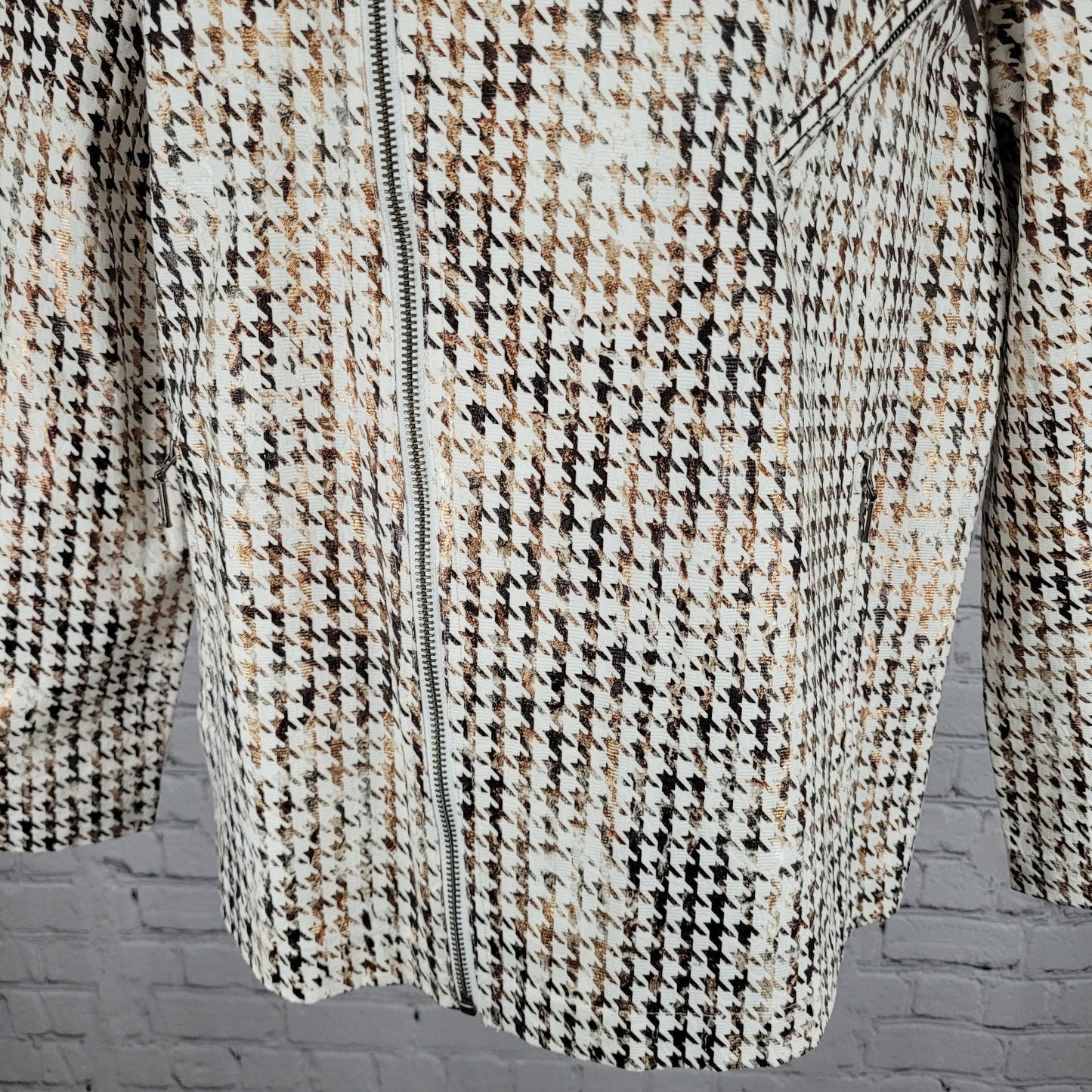 Chico's Brown Metallic Houndstooth Lightweight Full Zip Moto Jacket Size 3 US 16