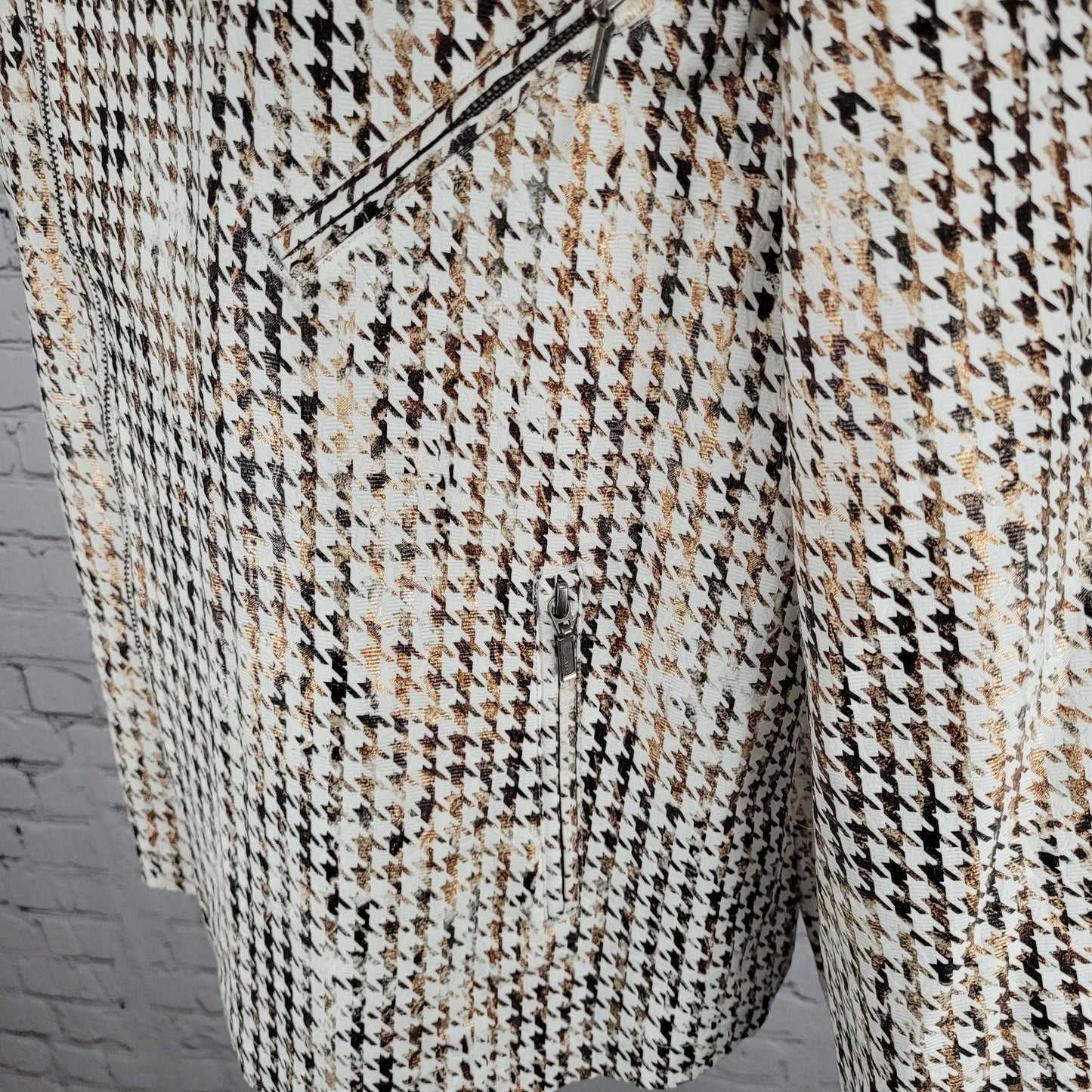 Chico's Brown Metallic Houndstooth Lightweight Full Zip Moto Jacket Size 3 US 16