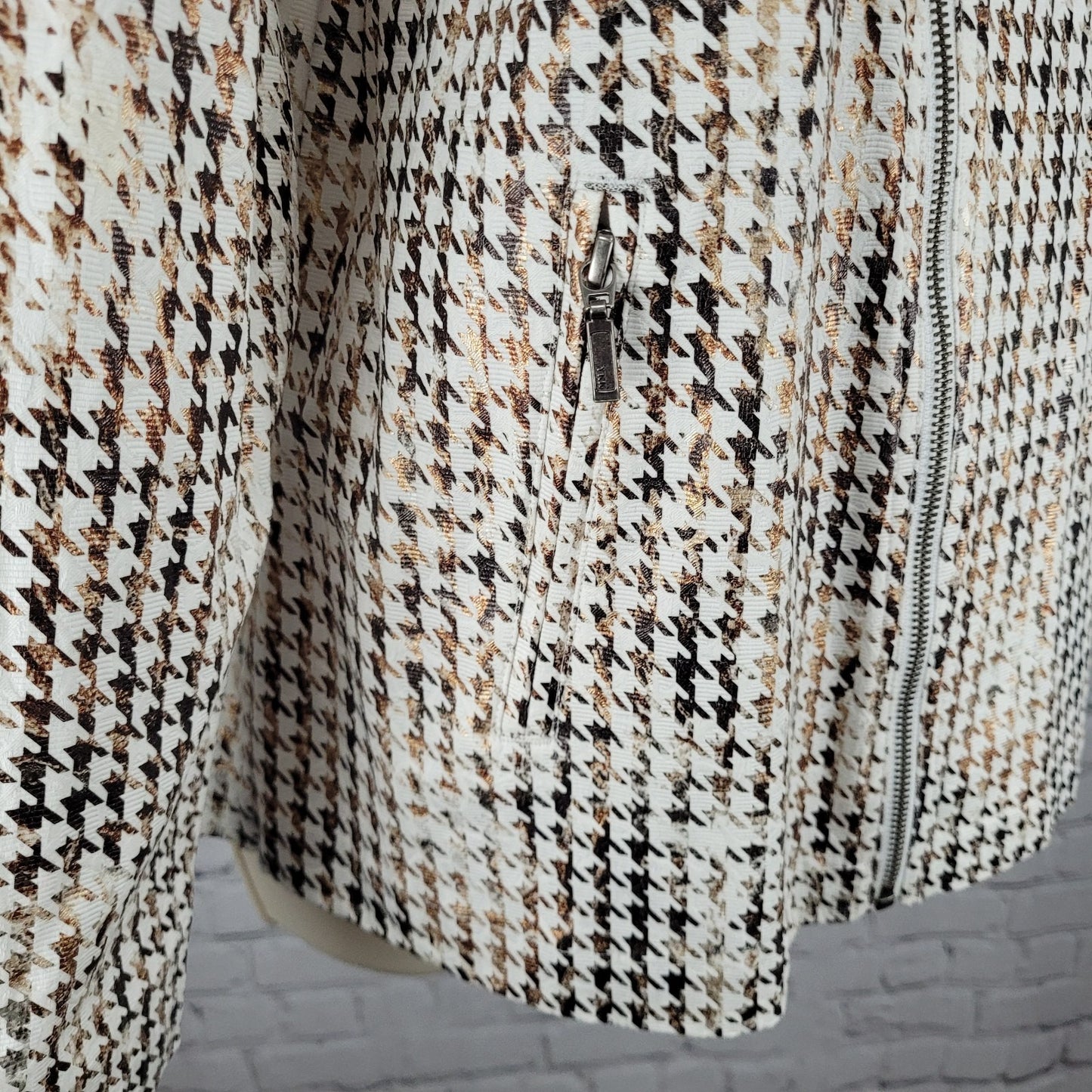 Chico's Brown Metallic Houndstooth Lightweight Full Zip Moto Jacket Size 3 US 16