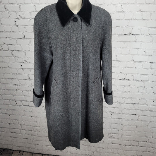 VTG Jofeld Grey Velvet Collar Accents Buttoned Lined Long Over Coat USA Large L