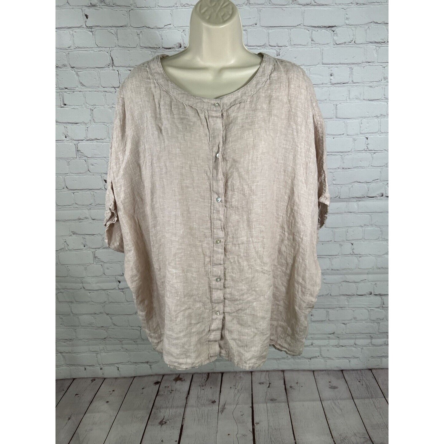 Tahari Dusty Rose 100% Linen Short Sleeve Boxy Oyster Shell Button Up Top L