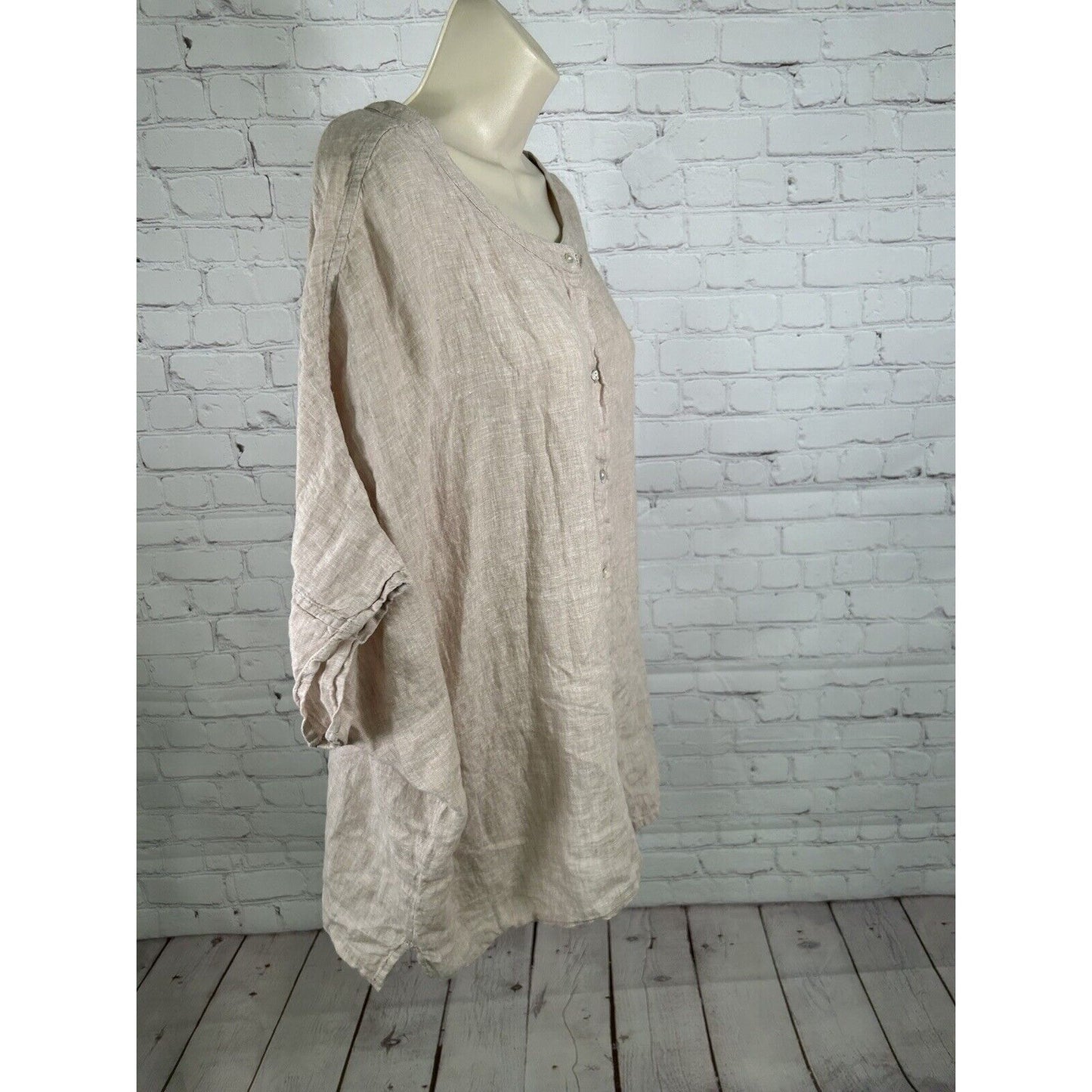 Tahari Dusty Rose 100% Linen Short Sleeve Boxy Oyster Shell Button Up Top L