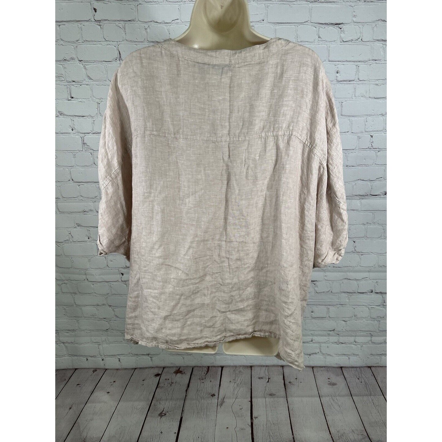 Tahari Dusty Rose 100% Linen Short Sleeve Boxy Oyster Shell Button Up Top L