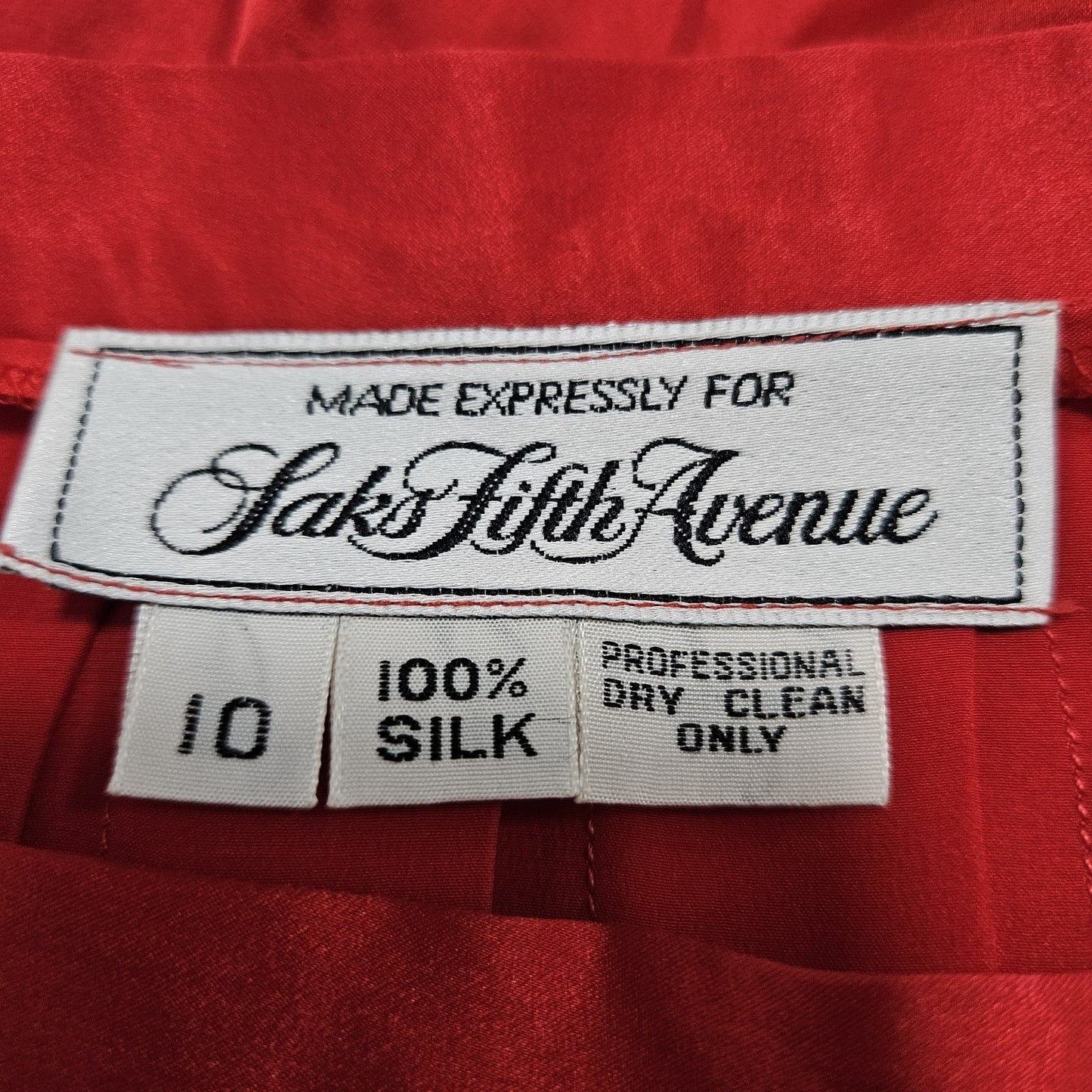 VTG Saks Fifth Avenue Red 100% Silk Pleated Unlined Zip A-Line Midi Skirt 10
