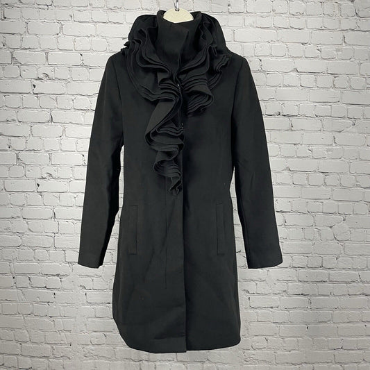 Tahari Black Button Up Layered Lapel Collar Lined Long Overcoat Size Medium M