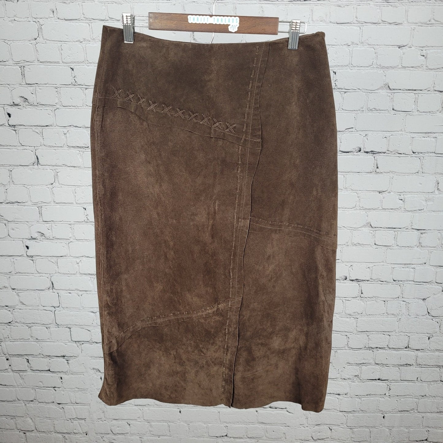 Nancy Bolen City Girl Brown Genuine Washable Suede Midi Skirt Size 10 (30x31)