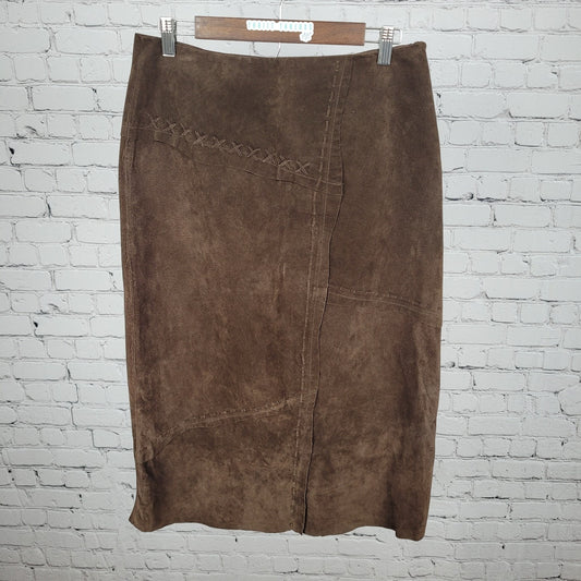 Nancy Bolen City Girl Brown Genuine Washable Suede Midi Skirt Size 10 (30x31)