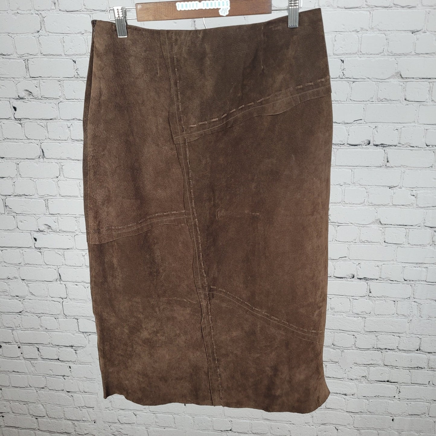 Nancy Bolen City Girl Brown Genuine Washable Suede Midi Skirt Size 10 (30x31)