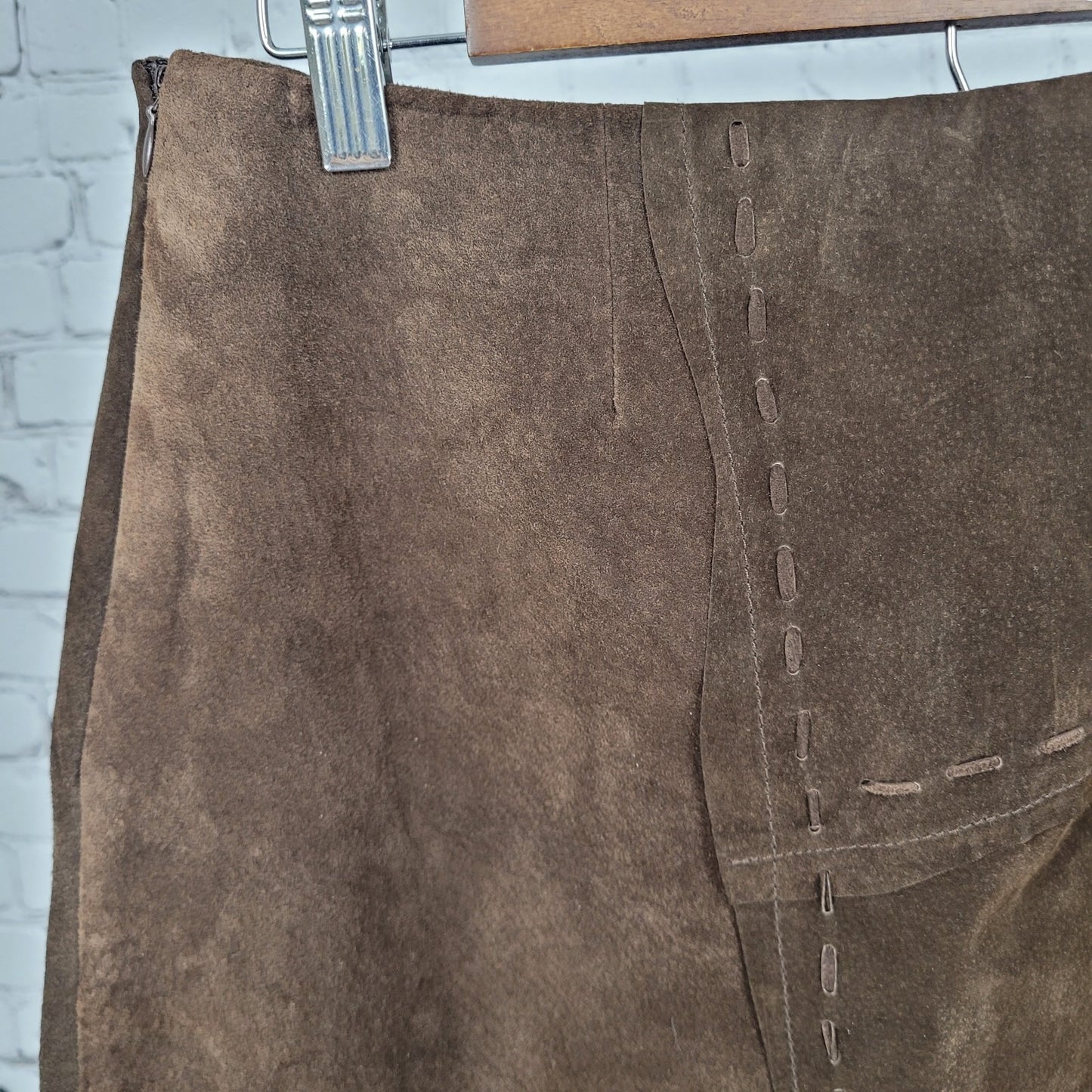 Nancy Bolen City Girl Brown Genuine Washable Suede Midi Skirt Size 10 (30x31)