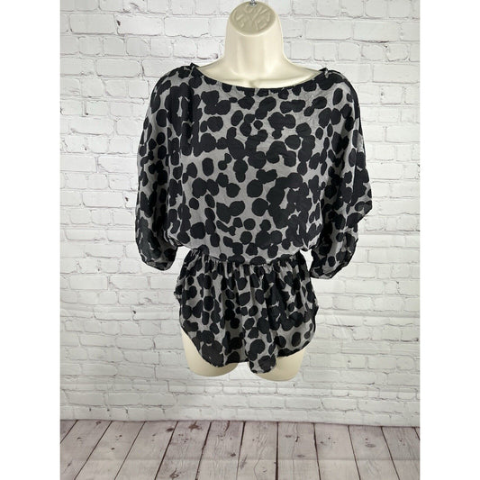 INC International Concepts 100% Silk Black Gray Peplum Blouse 6