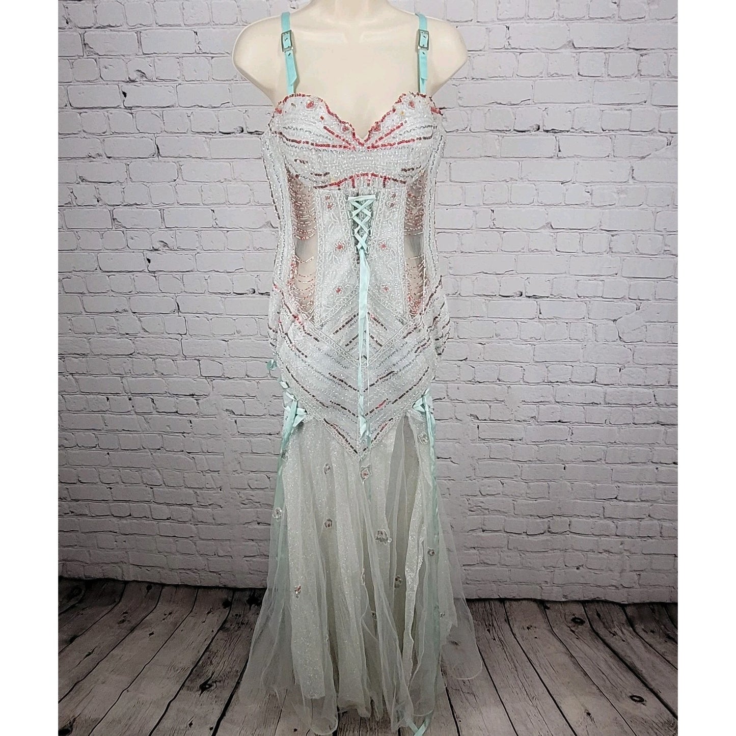 VTG Tiffany Designs Silver Beaded Sequin Strappy Lace Up Mermaid Formal Dress 8