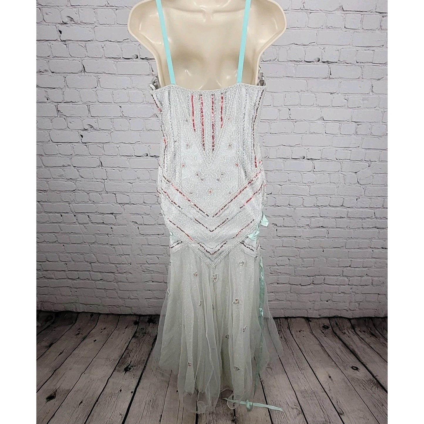 VTG Tiffany Designs Silver Beaded Sequin Strappy Lace Up Mermaid Formal Dress 8